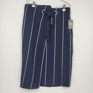 Vince Camuto navy blue striped midi wrap style skirt size 10 NWT